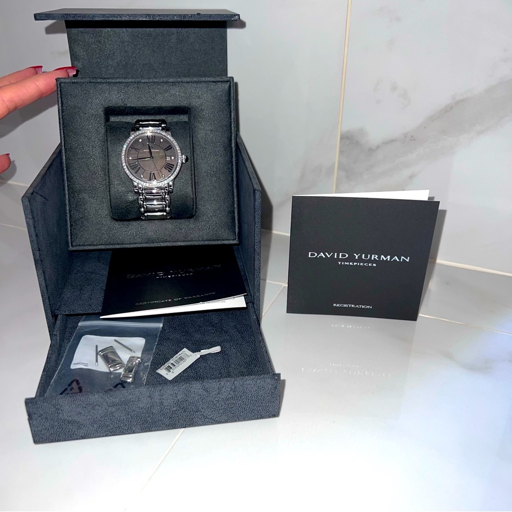 David Yurman Sterling & Stainless Steel black MOP 38MM Face Diamond Bezel Watch